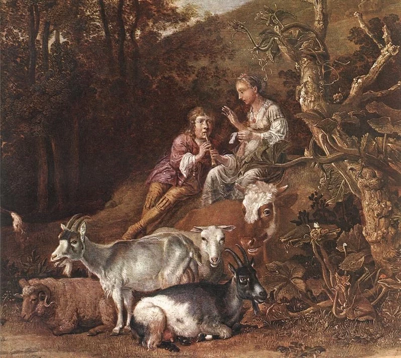 Paesaggio con pastorella e pastore che suona il flauto - Museo delle Belle Arti di Budapest, dettaglio